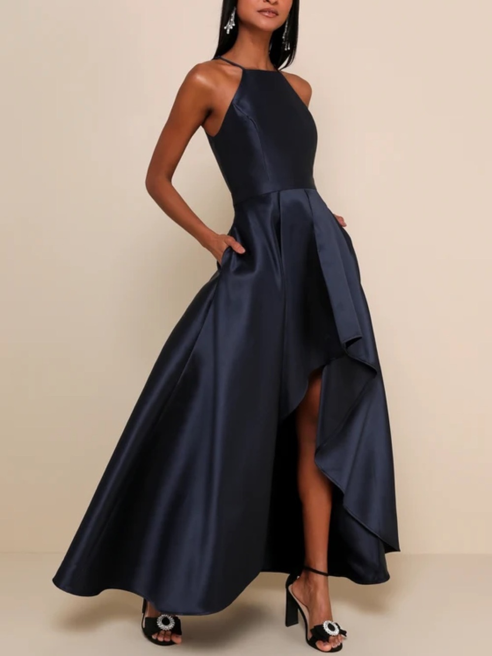 Lulu's Navy Satin Halter High-Low Evening Gown